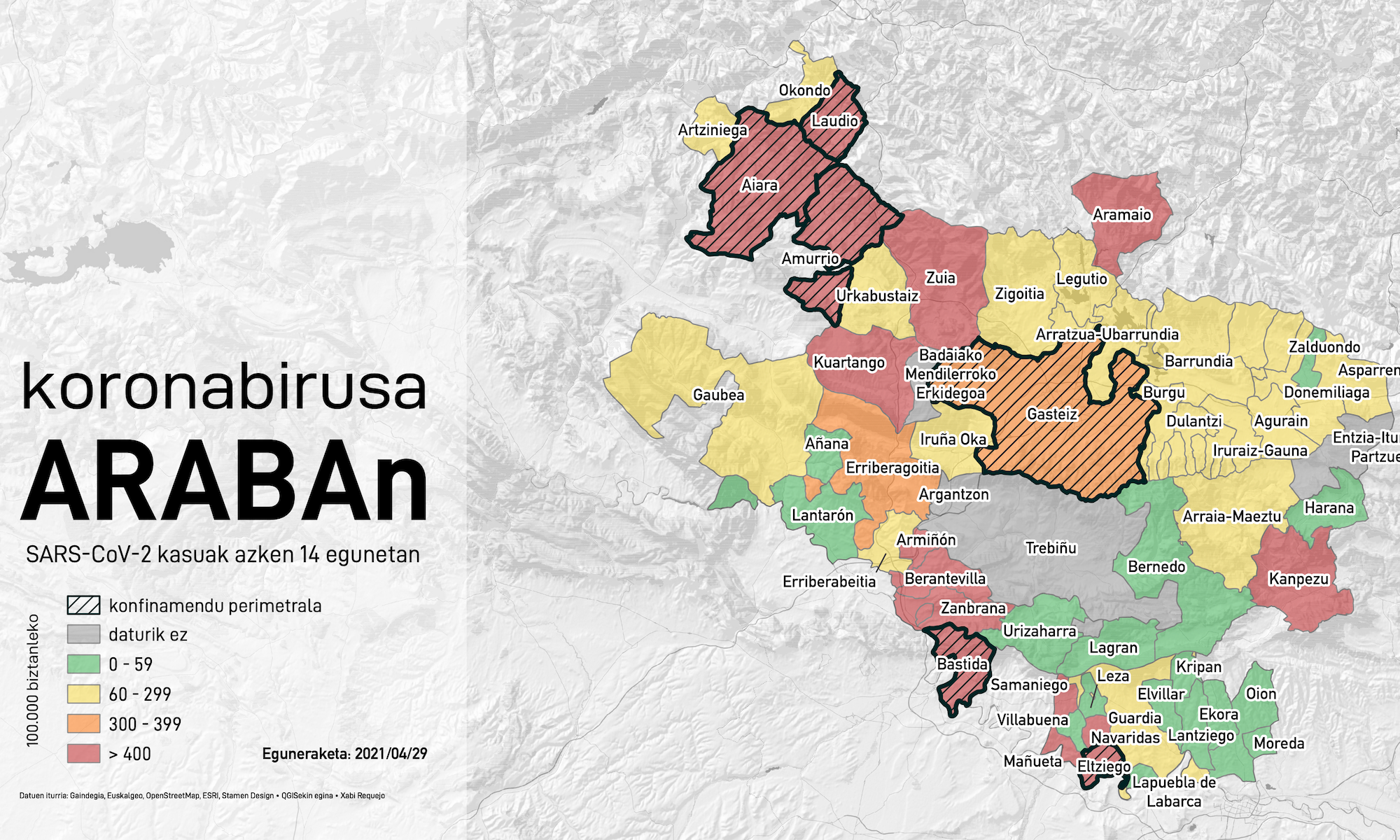 Map of the Basque county of Araba, with its municipalities coloured depending on the spread of the coronavirus.