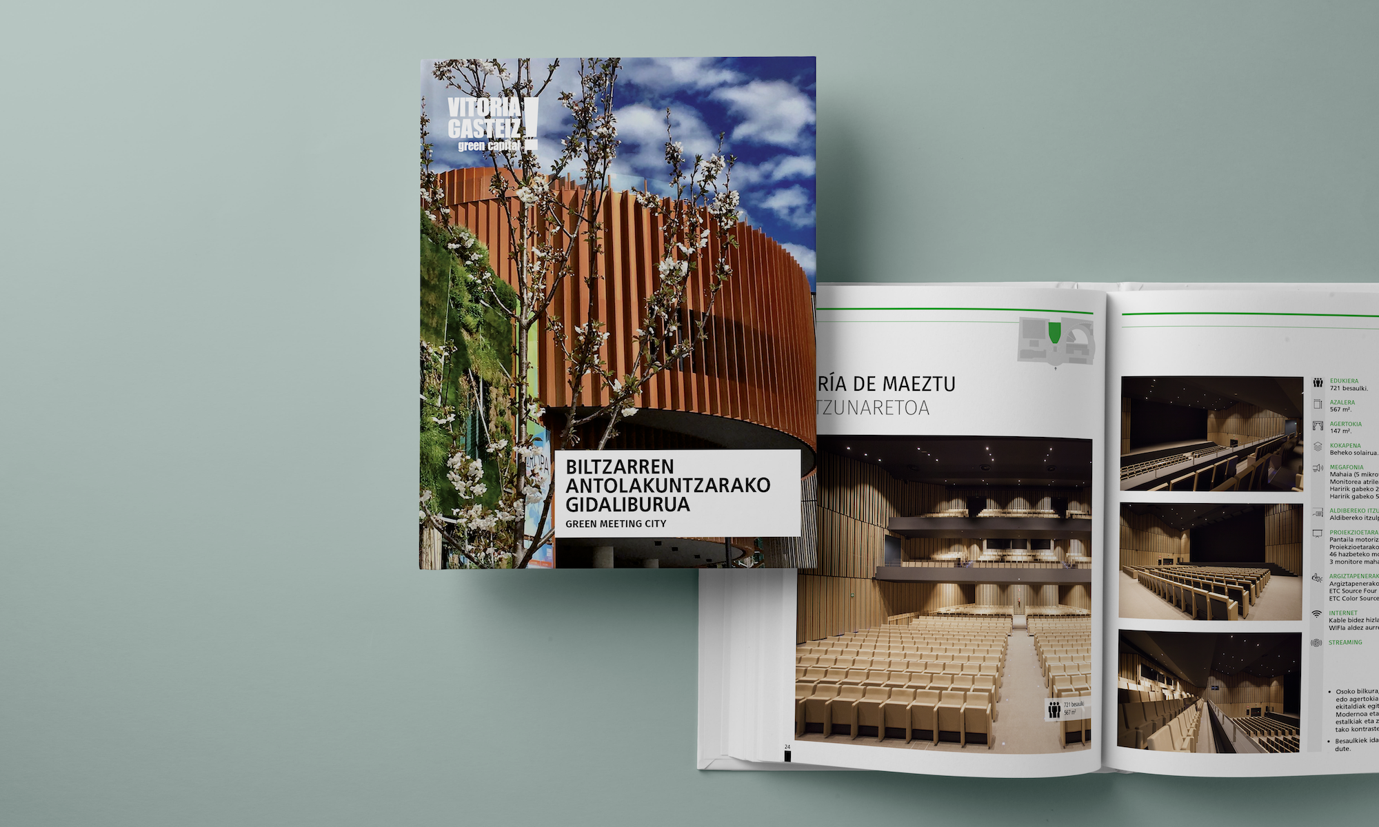 Cover and one of the 70 spreads of a booklet used by the city council of Gasteiz to promote the celebration of conferences in the city.