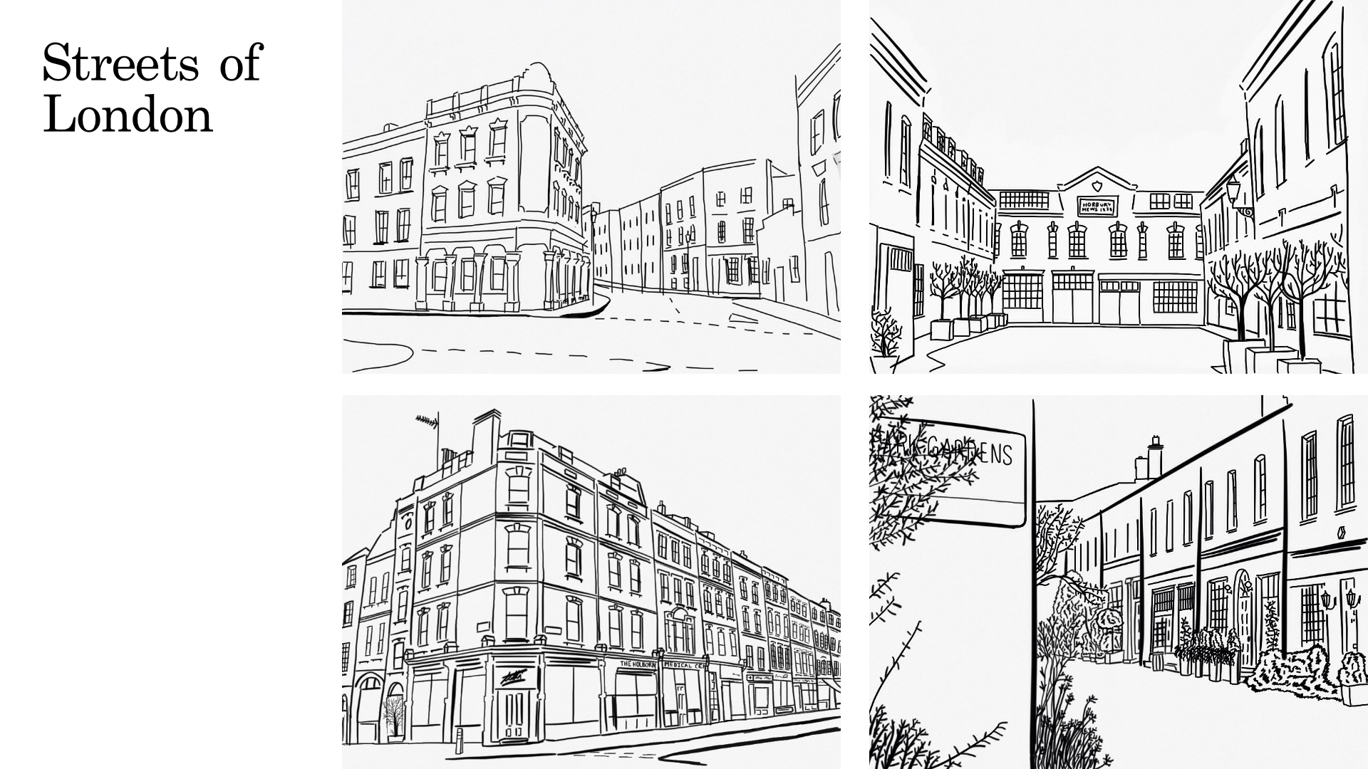 Four drawings of London streets