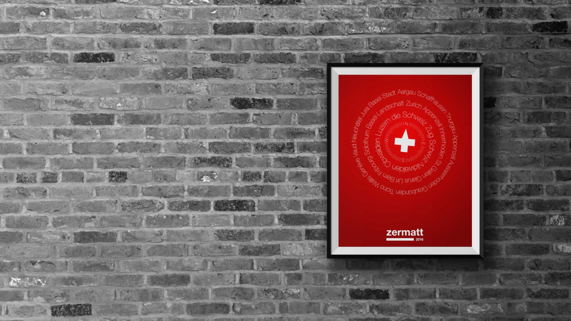 Poster where the Swiss cross looks like a compass needle